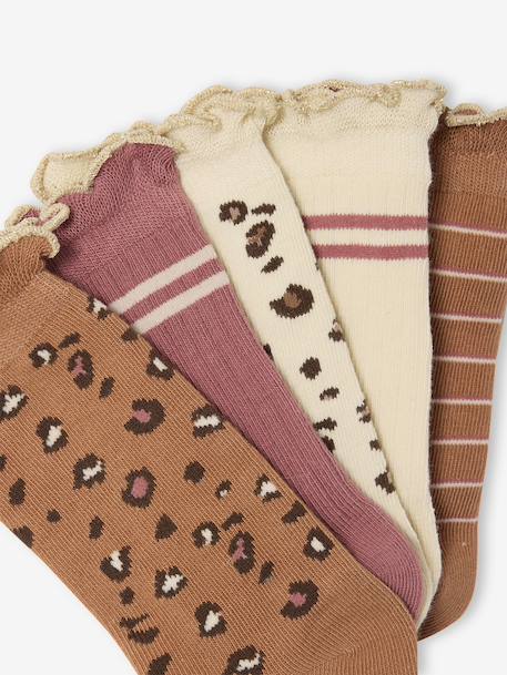 Pack of 5 pairs of 'leopard' socks for girls anthracite+cinnamon 