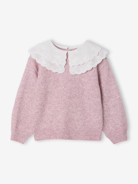 Soft Knit Jumper with Embroidered Double Collar, for Girls anthracite+rose 