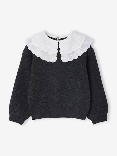 Soft Knit Jumper with Embroidered Double Collar, for Girls anthracite+rose 