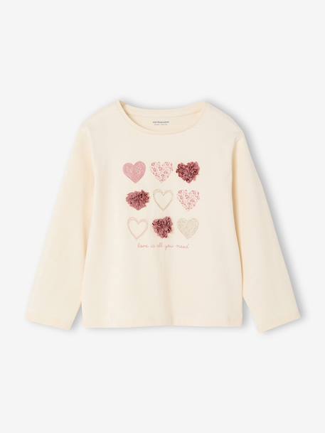 Long Sleeve T-Shirt with Heart in Relief, for Girls blush+ecru+green 