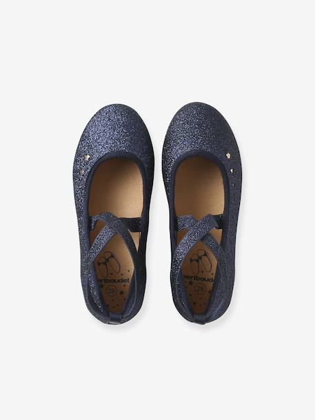 Elasticated cross strap ballerinas for children, nursery collection navy blue 