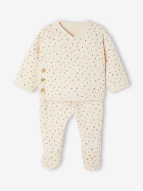 Quilted Set: Cardigan + Fully Printed Footed Trousers ecru+rose 