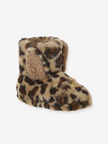 Faux fur high-top slippers for children printed beige+rose 