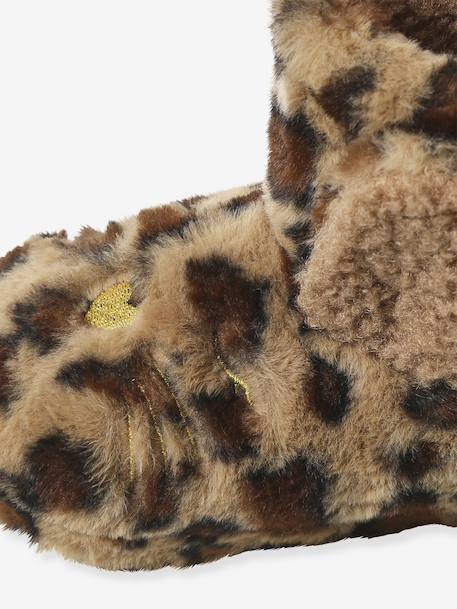 Faux fur high-top slippers for children printed beige+rose 