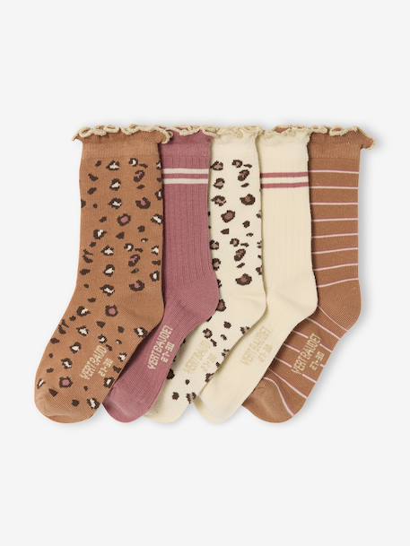 Pack of 5 pairs of 'leopard' socks for girls anthracite+cinnamon 