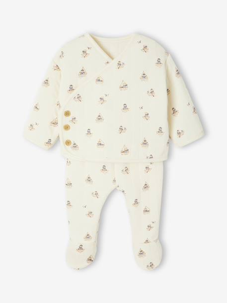 Quilted Set: Cardigan + Fully Printed Footed Trousers ecru+rose 
