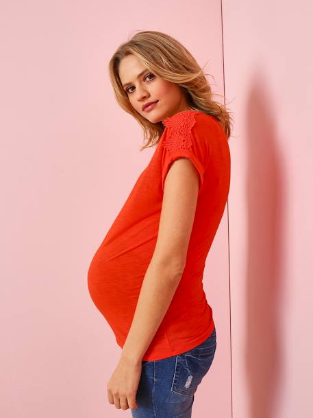 Maternity T-Shirt with Lace Cotton Trim RED MEDIUM SOLID 