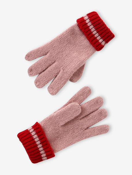 Girl's striped set: beanie + snood + mittens/gloves blush 