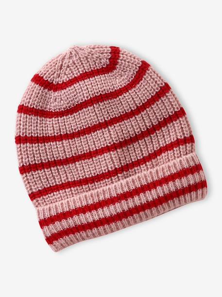 Girl's striped set: beanie + snood + mittens/gloves blush 