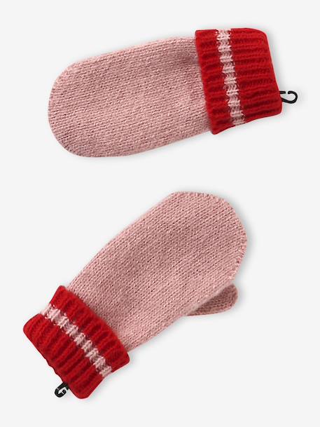 Girl's striped set: beanie + snood + mittens/gloves blush 