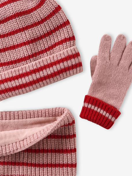 Girl's striped set: beanie + snood + mittens/gloves blush 
