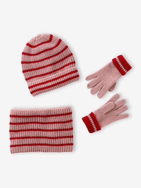 Girl's striped set: beanie + snood + mittens/gloves blush 