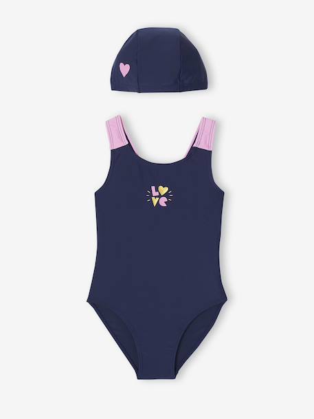 Swimsuit Set Comprising One-Piece Swimsuit + Beanie for Girls indigo 