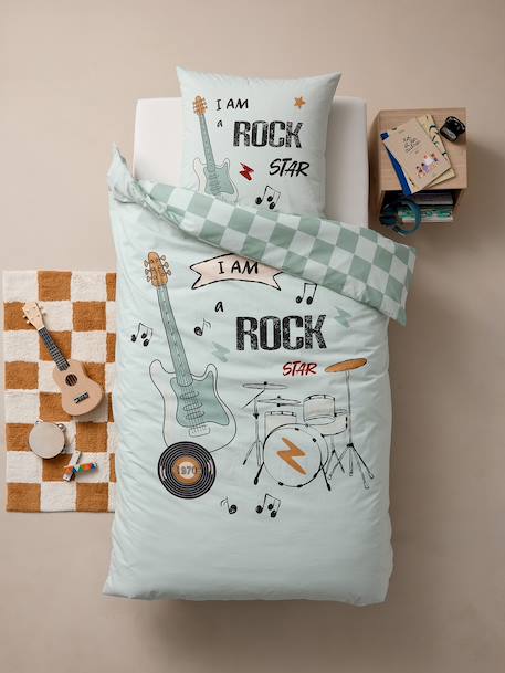Duvet Cover Set + Pillowcase for Children, ROCK MUSIC sage green 