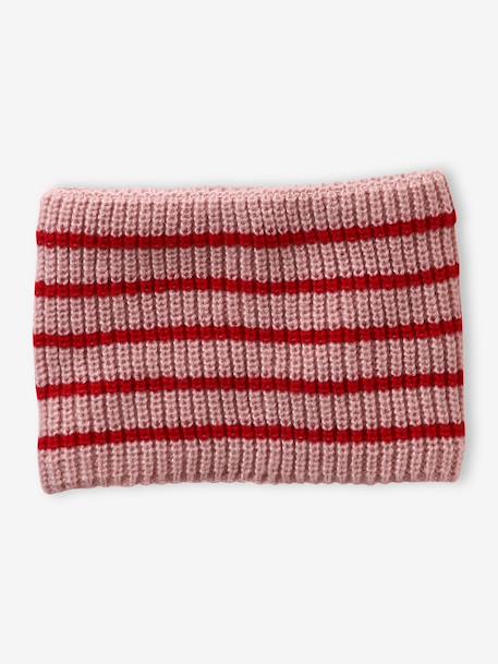 Girl's striped set: beanie + snood + mittens/gloves blush 