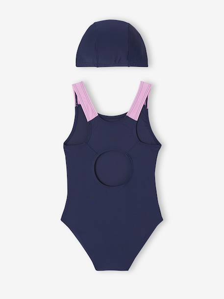Swimsuit Set Comprising One-Piece Swimsuit + Beanie for Girls indigo 