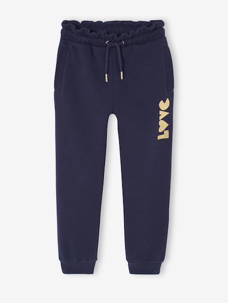 Girls' fleece joggers with leg print navy blue+rose+sage green 