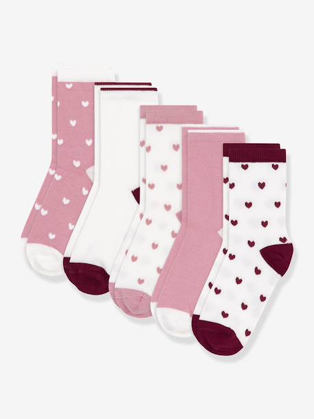 Pack of 5 Pairs of Cotton Socks with Heart Print by PETIT BATEAU rose 