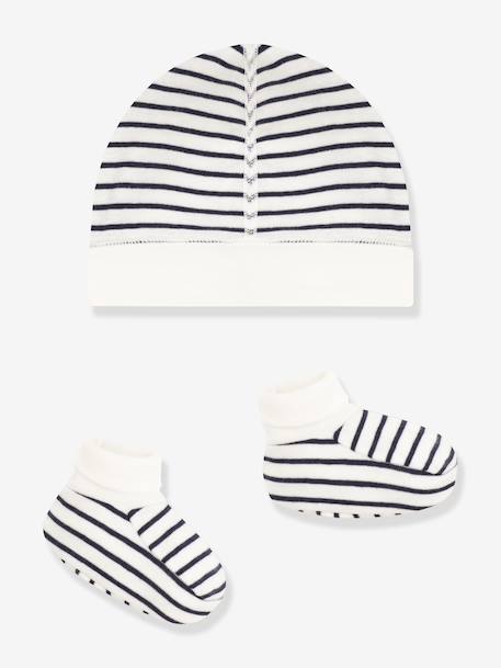 Unisex Beanie & Booties Set for Babies, PETIT BATEAU navy blue+white 