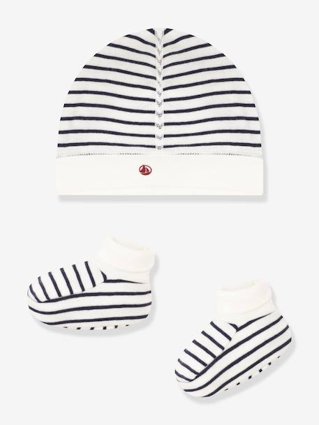 Unisex Beanie & Booties Set for Babies, PETIT BATEAU navy blue+white 