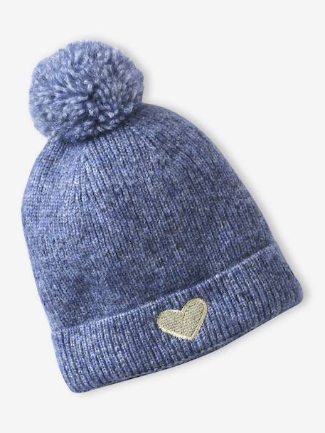 'Heart' Beanie + Snood + Gloves/Mittens Set for Girls ecru+navy blue 