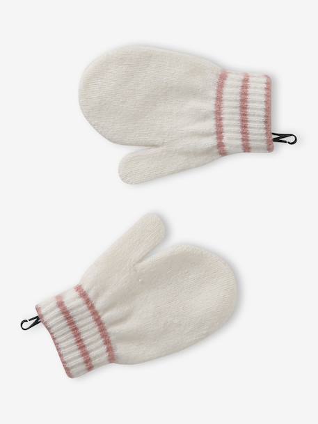 Girl's twisted knit set: beanie + snood + mittens/gloves ecru 