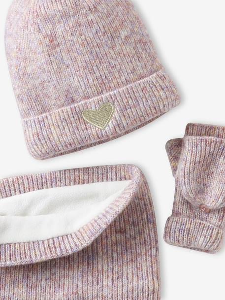 'Heart' Beanie + Snood + Gloves/Mittens Set for Girls ecru+navy blue+rosy 