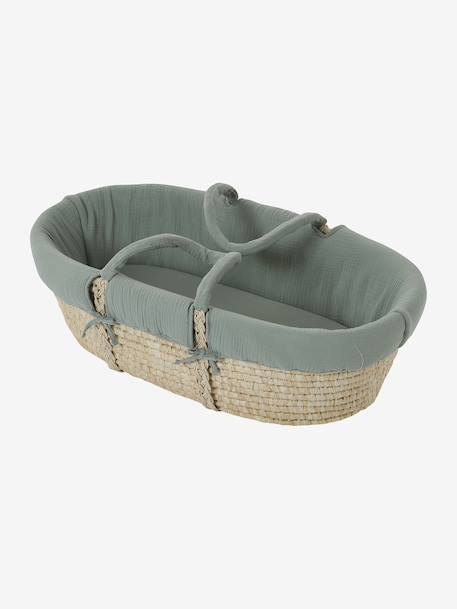Moses Basket in Woven Natural Fibres for Babies, ENVIE DE FRAISE 0016+beige+sage green 