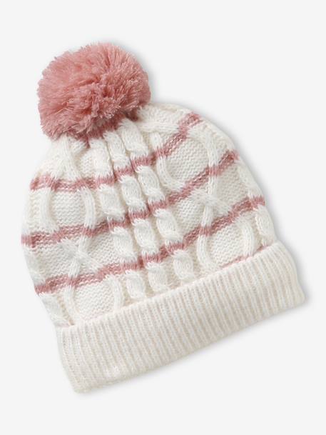 Girl's twisted knit set: beanie + snood + mittens/gloves ecru 