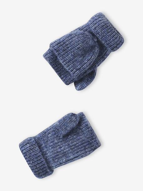 'Heart' Beanie + Snood + Gloves/Mittens Set for Girls ecru+navy blue 