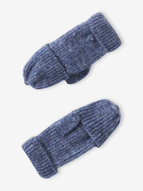 'Heart' Beanie + Snood + Gloves/Mittens Set for Girls ecru+navy blue 
