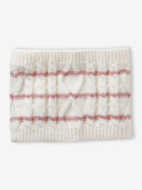 Girl's twisted knit set: beanie + snood + mittens/gloves ecru 