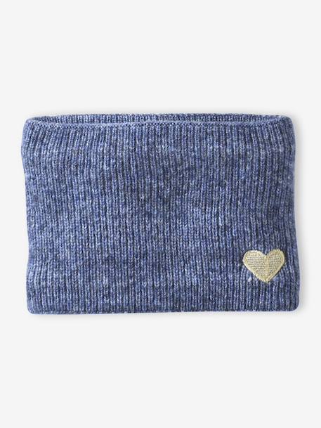 'Heart' Beanie + Snood + Gloves/Mittens Set for Girls ecru+navy blue 