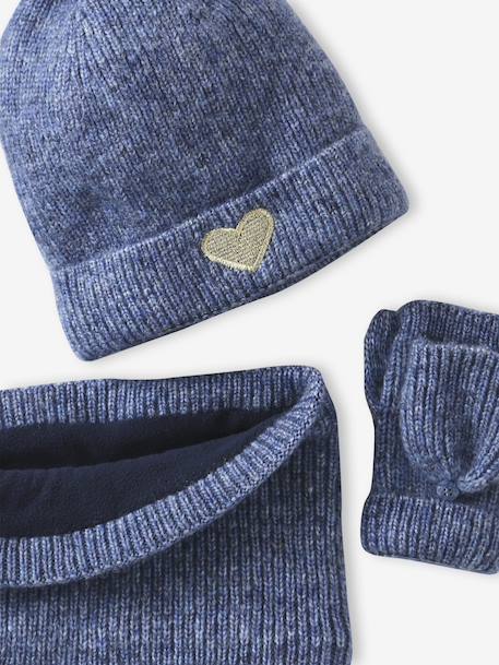 'Heart' Beanie + Snood + Gloves/Mittens Set for Girls ecru+navy blue 