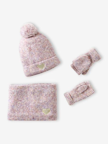 'Heart' Beanie + Snood + Gloves/Mittens Set for Girls ecru+navy blue+rosy 