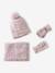 'Heart' Beanie + Snood + Gloves/Mittens Set for Girls ecru+navy blue+rosy 