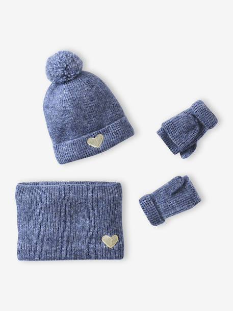 'Heart' Beanie + Snood + Gloves/Mittens Set for Girls ecru+navy blue 