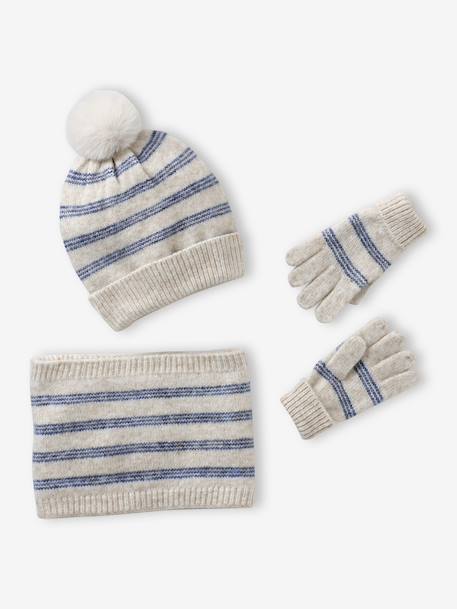 Striped Set: Beanie + Snood + Mittens/Gloves for Girls vanilla 