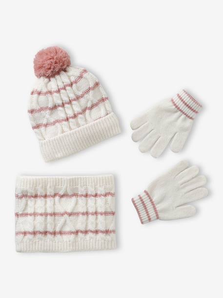 Girl's twisted knit set: beanie + snood + mittens/gloves ecru 