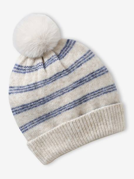 Striped Set: Beanie + Snood + Mittens/Gloves for Girls vanilla 