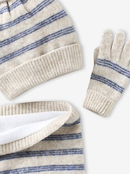 Striped Set: Beanie + Snood + Mittens/Gloves for Girls vanilla 