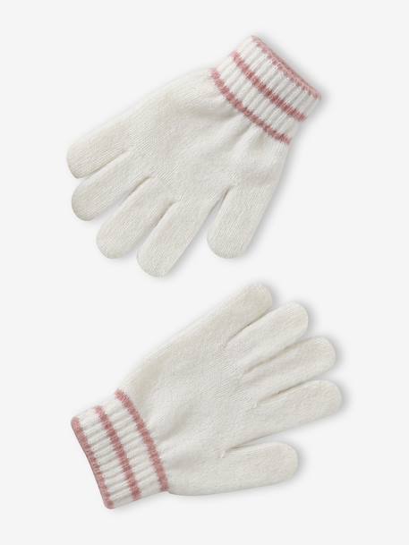 Girl's twisted knit set: beanie + snood + mittens/gloves ecru 