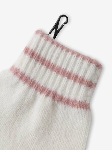 Girl's twisted knit set: beanie + snood + mittens/gloves ecru 