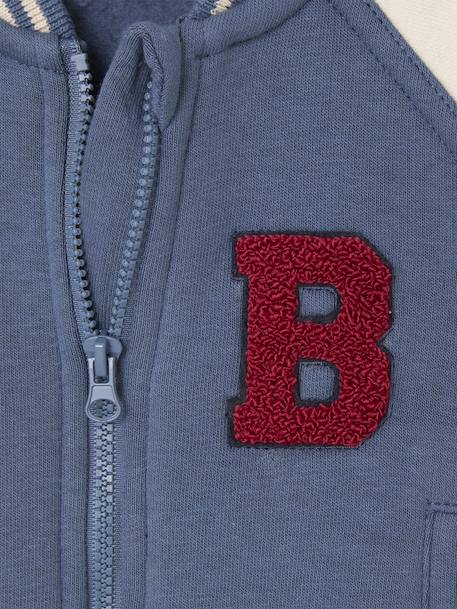 Teddy style fleece baby cardigan with bouclé badge grey blue 