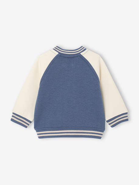 Teddy style fleece baby cardigan with bouclé badge grey blue 