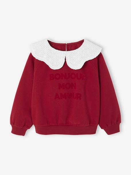 Girl's sweatshirt with English embroidery collar and flocked velvet message ecru+marl grey+mauve+pale pink+red 
