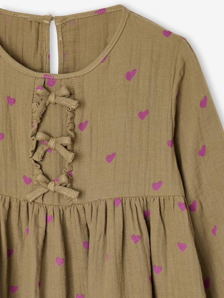 Cotton Gauze Dress with Fancy Bows for Girls ecru+olive 