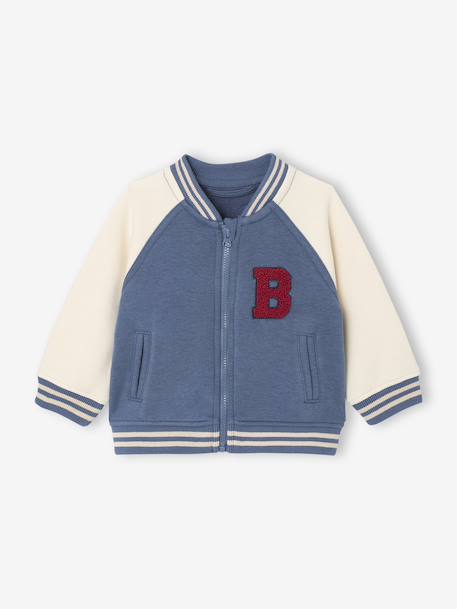 Teddy style fleece baby cardigan with bouclé badge grey blue 
