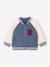 Teddy style fleece baby cardigan with bouclé badge grey blue 