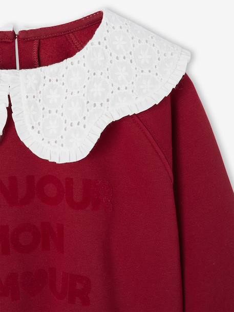Girl's sweatshirt with English embroidery collar and flocked velvet message ecru+marl grey+mauve+pale pink+red 